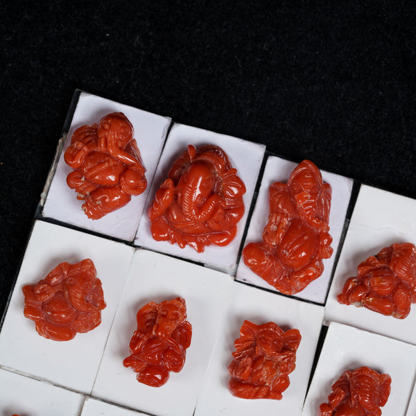 Orange Japanese Coral Carved Lord Ganesha God Statue