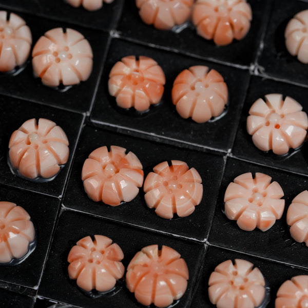 Japanese Coral Half-round Cut-carving Best Grade Flower Pair /2 Pc.