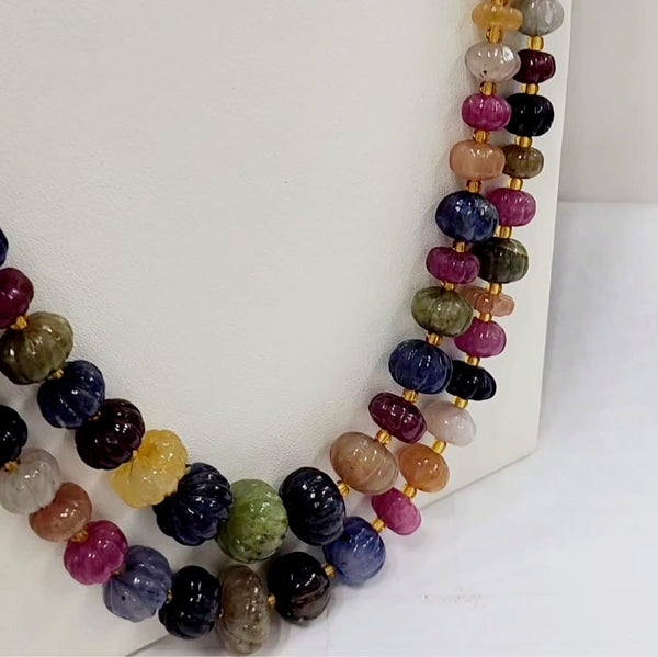 Natural multi sapphire carved watermelon shape approx. 6–8mm 16–20 inch long gemstone beads strand